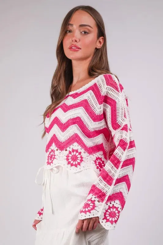 VERY J Chevron/Floral Pattern Crochet Knit Top In Pink
