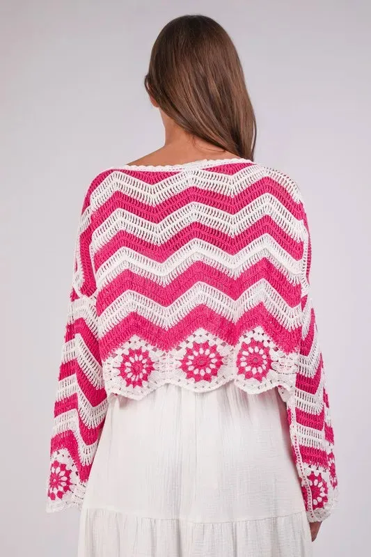 VERY J Chevron/Floral Pattern Crochet Knit Top In Pink