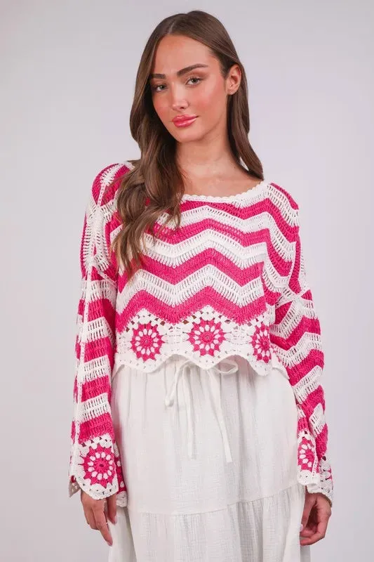 VERY J Chevron/Floral Pattern Crochet Knit Top In Pink