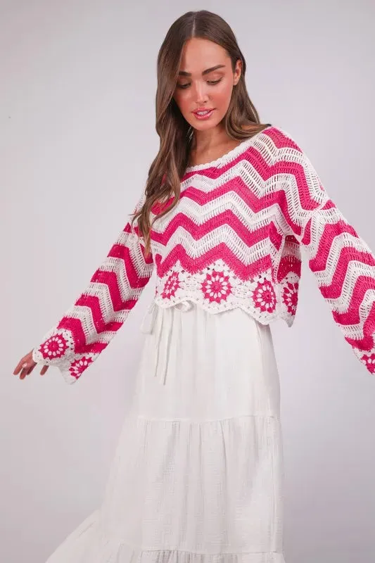 VERY J Chevron/Floral Pattern Crochet Knit Top In Pink