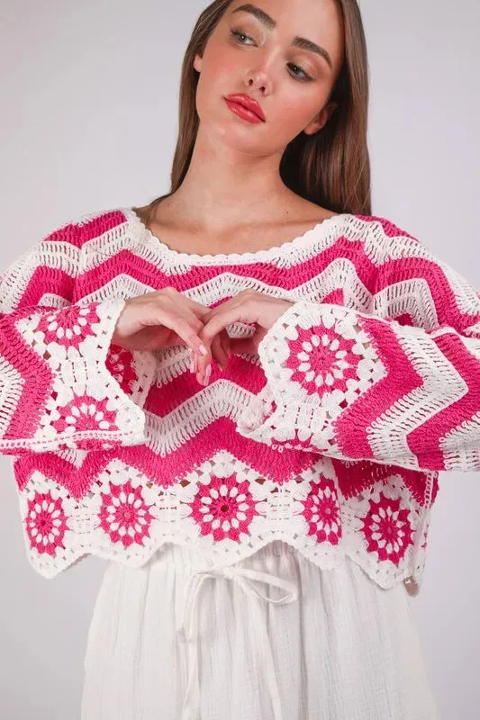 VERY J Chevron/Floral Pattern Crochet Knit Top In Pink
