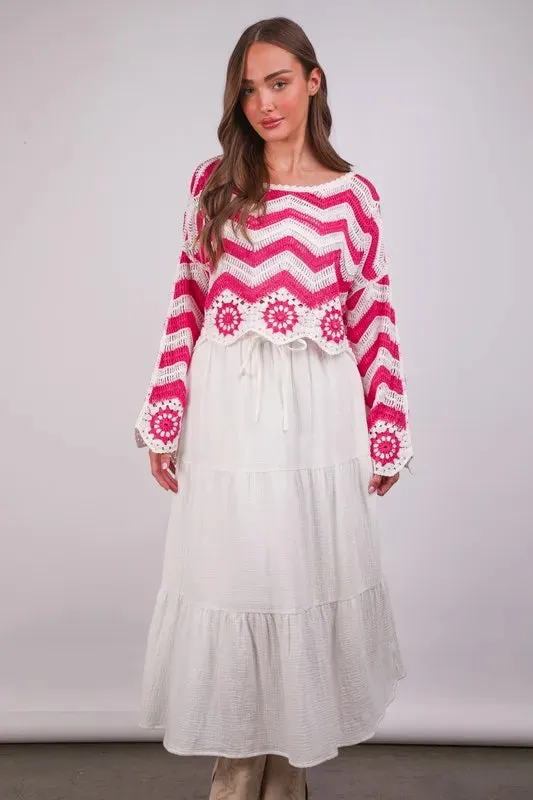 VERY J Chevron/Floral Pattern Crochet Knit Top In Pink