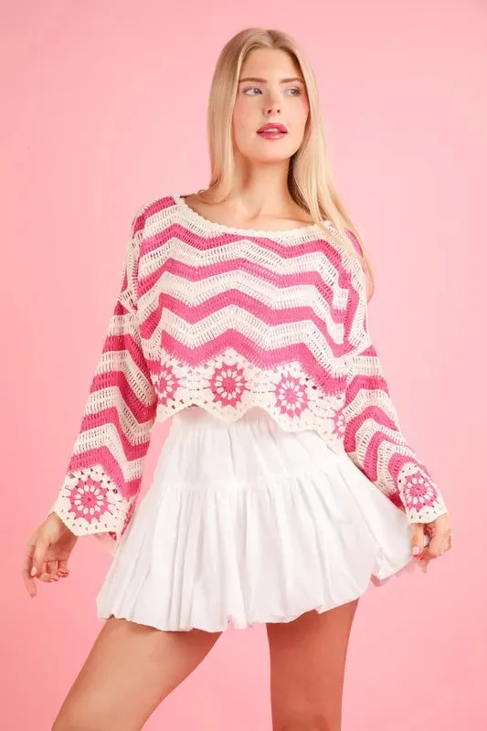 VERY J Chevron/Floral Pattern Crochet Knit Top In Pink