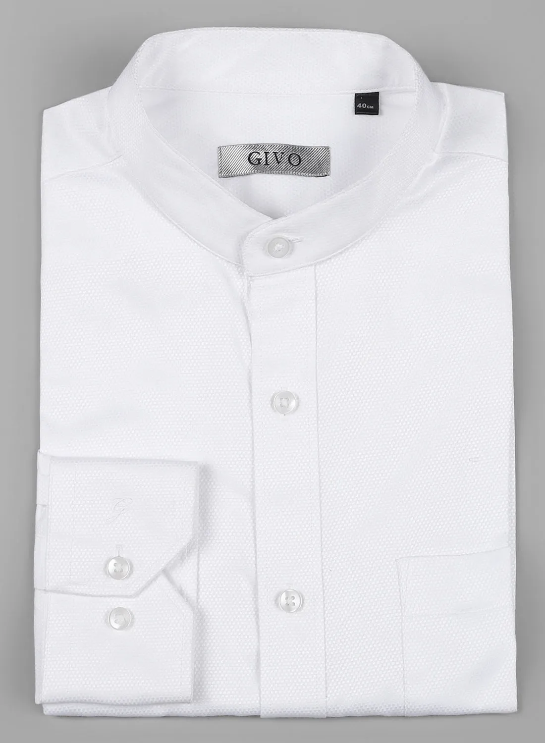 White Cotton Band Collar Structured Full Sleeve Shirt