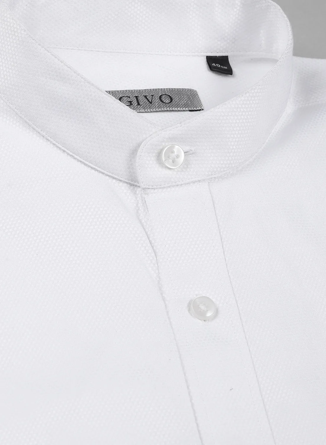 White Cotton Band Collar Structured Full Sleeve Shirt