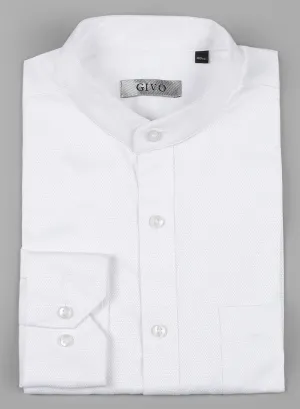 White Cotton Band Collar Structured Full Sleeve Shirt