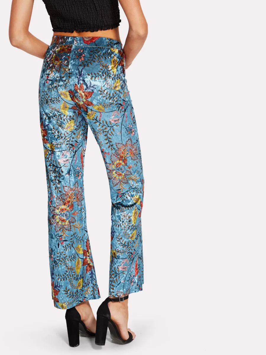 Wide Leg Floral Velvet Pants