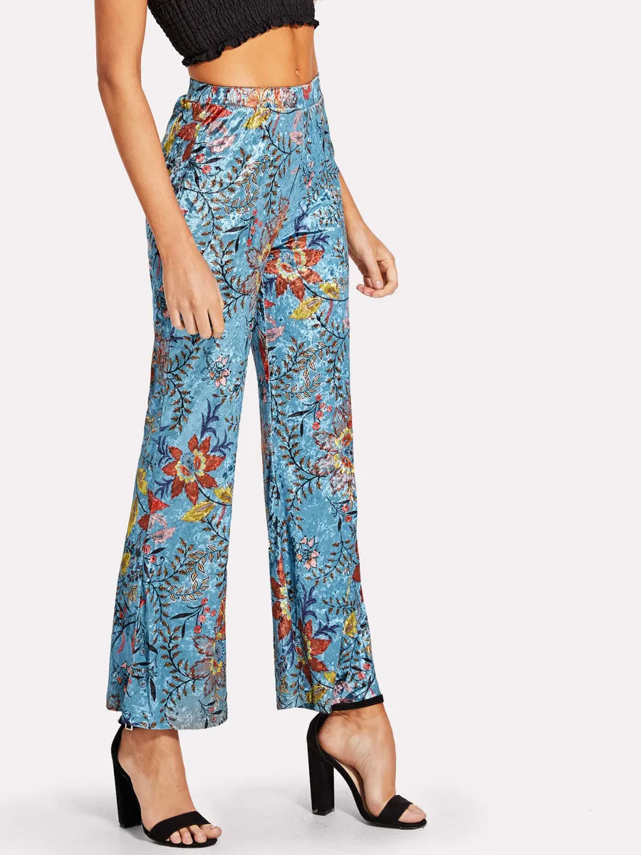 Wide Leg Floral Velvet Pants