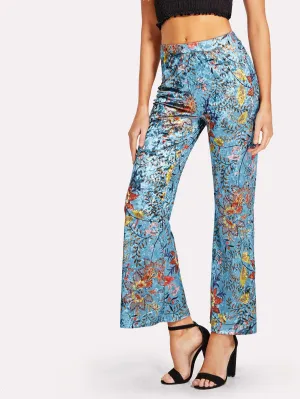 Wide Leg Floral Velvet Pants