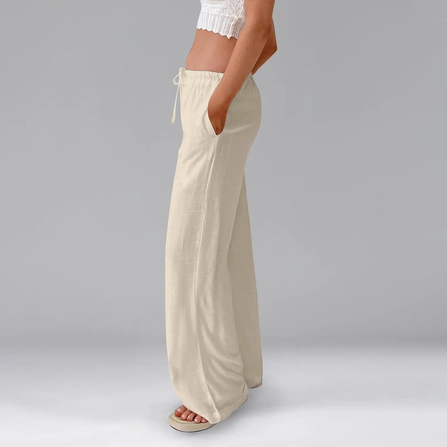Wide Leg Linen Pants Women High Waisted Drawstring Cotton Palazzo Pants Straight Leg Flowy Beach Pants with Pockets