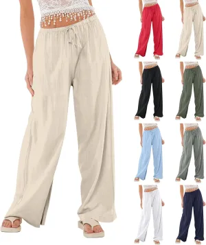 Wide Leg Linen Pants Women High Waisted Drawstring Cotton Palazzo Pants Straight Leg Flowy Beach Pants with Pockets
