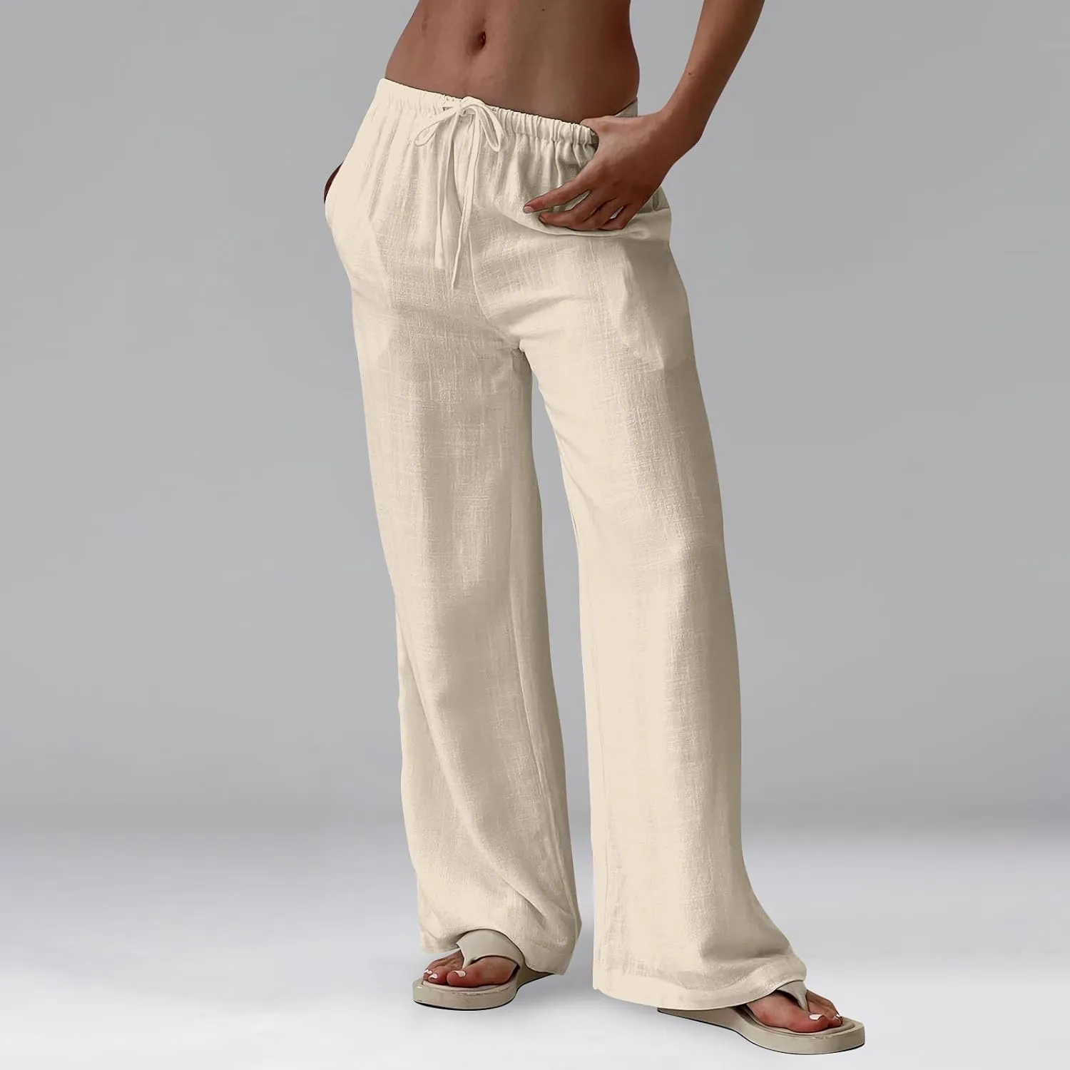 Wide Leg Linen Pants Women High Waisted Drawstring Cotton Palazzo Pants Straight Leg Flowy Beach Pants with Pockets