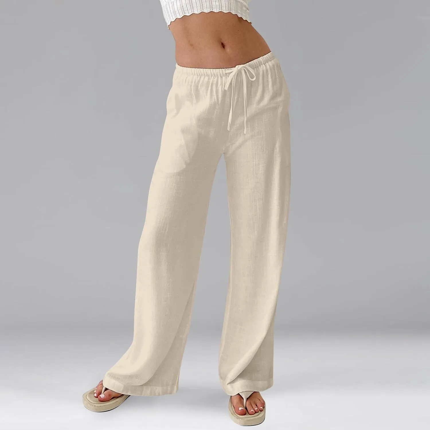Wide Leg Linen Pants Women High Waisted Drawstring Cotton Palazzo Pants Straight Leg Flowy Beach Pants with Pockets