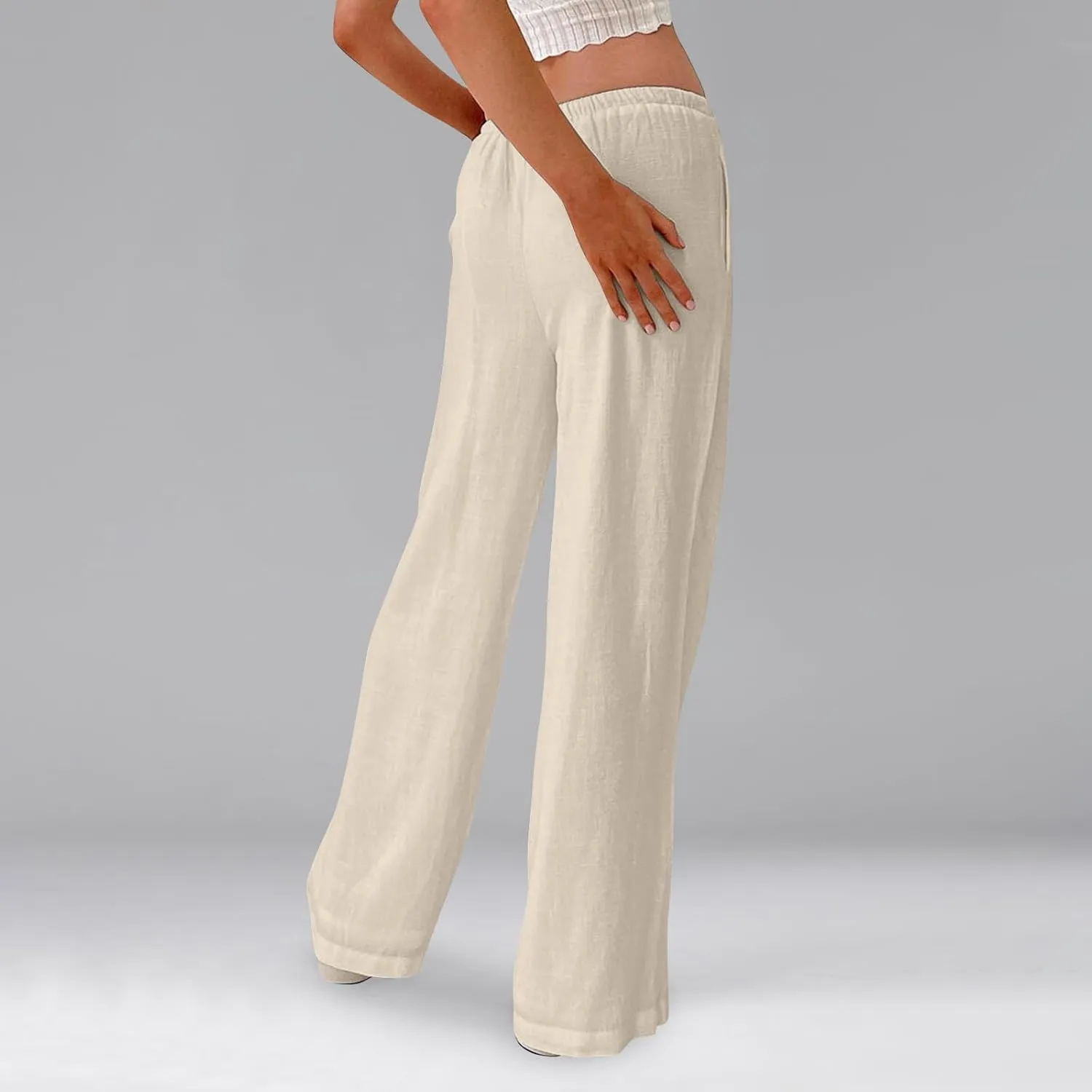 Wide Leg Linen Pants Women High Waisted Drawstring Cotton Palazzo Pants Straight Leg Flowy Beach Pants with Pockets