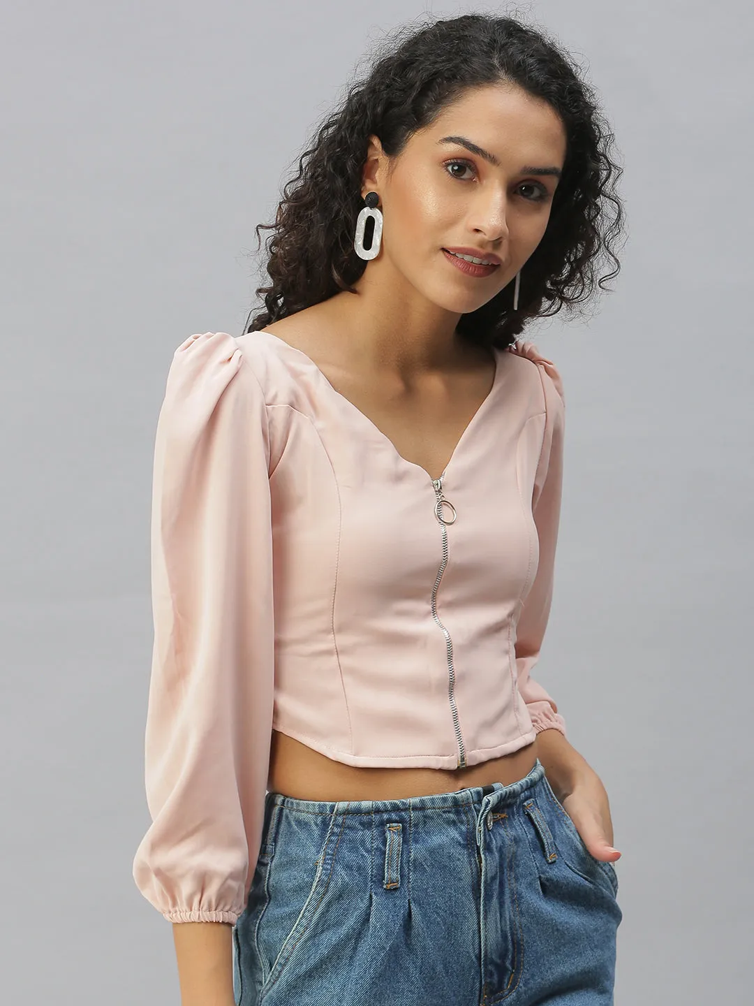 Women Peach V-Neck Crepe Crop Top