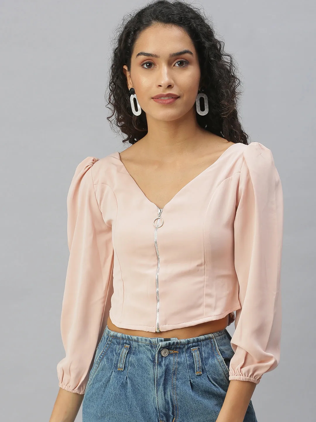 Women Peach V-Neck Crepe Crop Top