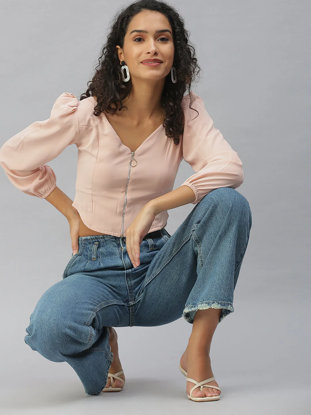 Women Peach V-Neck Crepe Crop Top