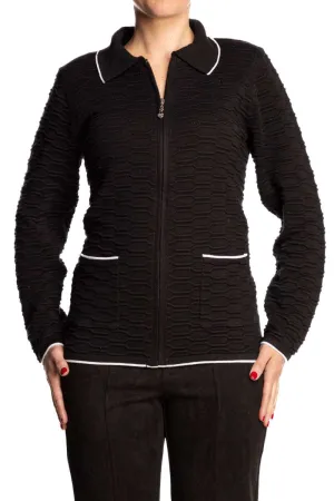 Women's Cardigan Black Zipper Front with Pockets - Contrast Trim
