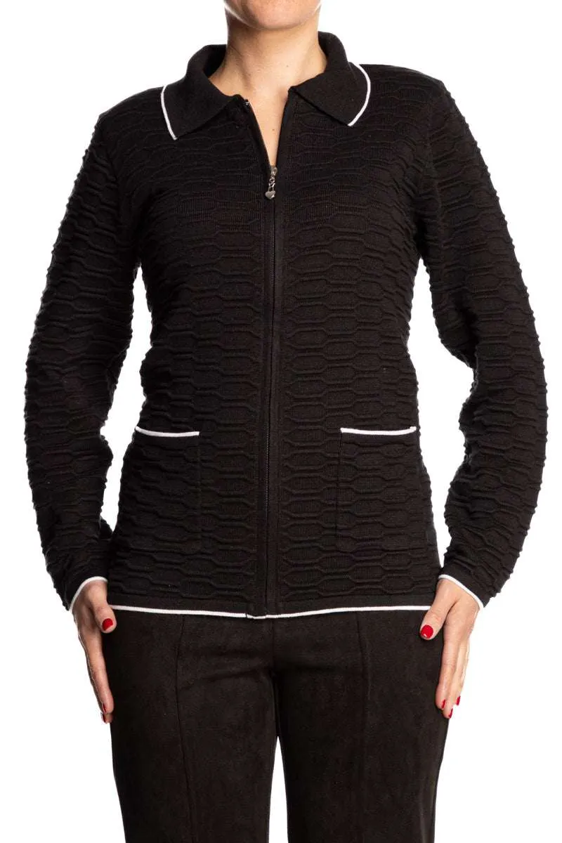 Women's Cardigan Black Zipper Front with Pockets - Contrast Trim