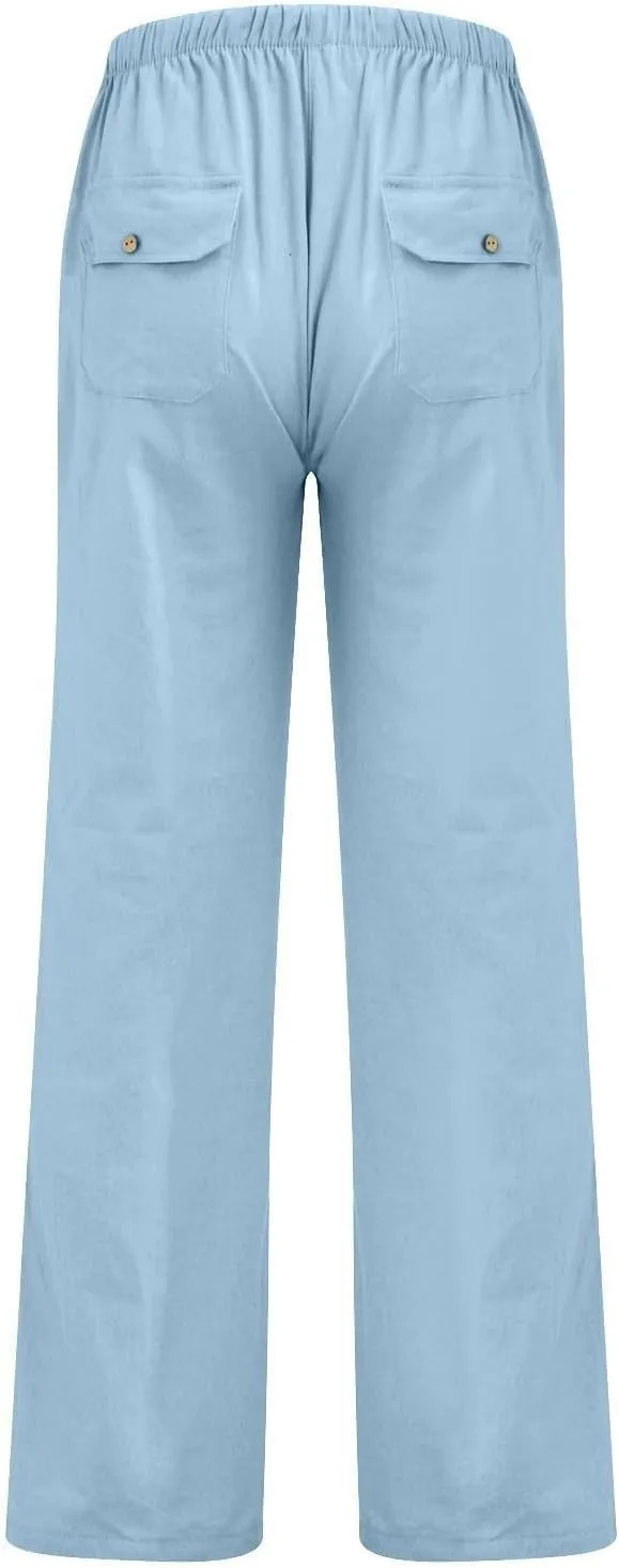 Women's Linen Palazzo Pants Summer Boho Wide Leg High Waist Casual Lounge Pant 2025 Beach Travel Vacation Trousers