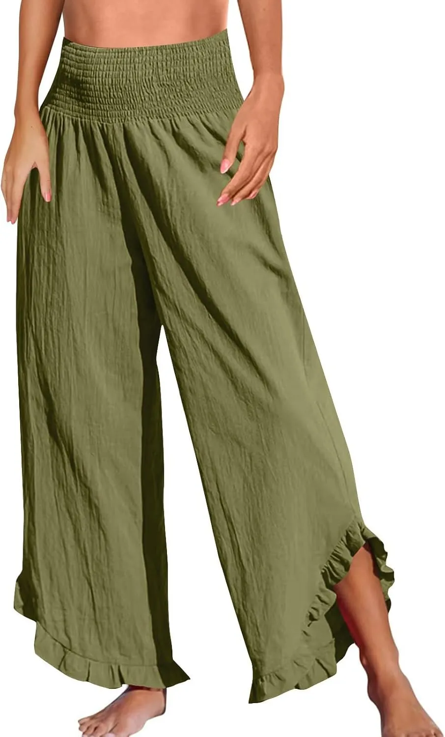 Womens Linen Pants Elastic High Waisted Tummy Control Summer Beach Pants Pull on Travel Vacation Trousers with Pockets