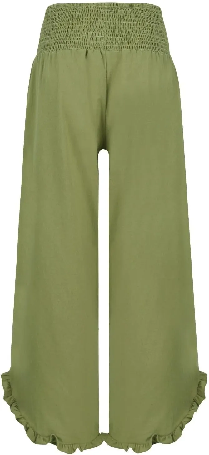 Womens Linen Pants Elastic High Waisted Tummy Control Summer Beach Pants Pull on Travel Vacation Trousers with Pockets