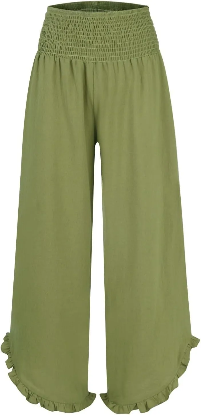 Womens Linen Pants Elastic High Waisted Tummy Control Summer Beach Pants Pull on Travel Vacation Trousers with Pockets