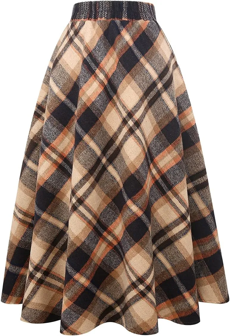 Womens Long Wool Plaid Skirts Aline High Waisted Warm Winter Skirts
