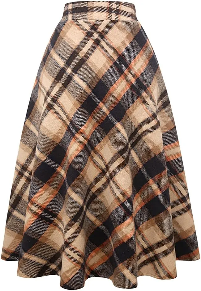 Womens Long Wool Plaid Skirts Aline High Waisted Warm Winter Skirts