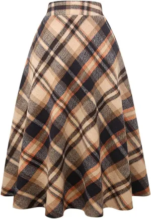 Womens Long Wool Plaid Skirts Aline High Waisted Warm Winter Skirts