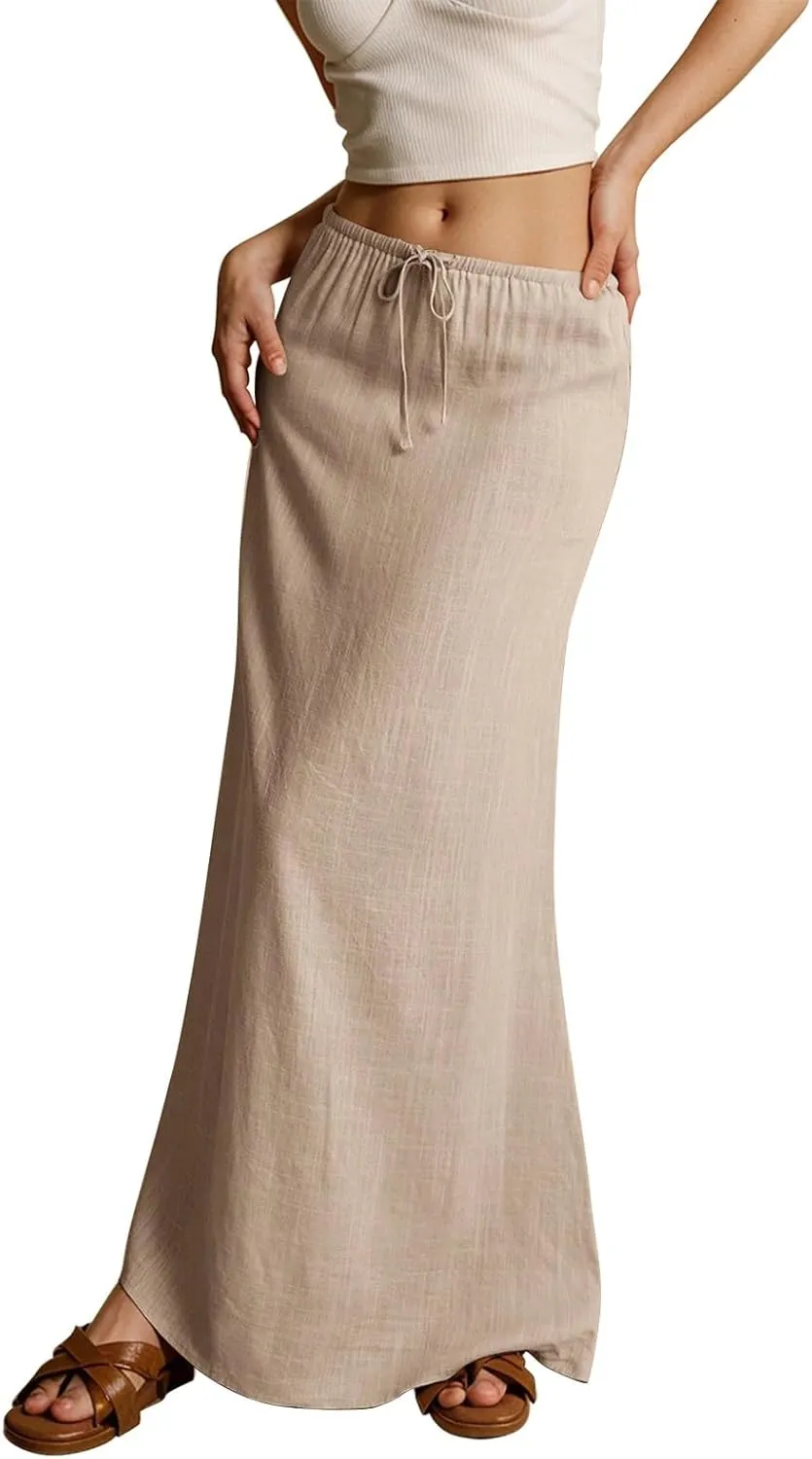 Womens Spring Skirt Cotton Linen Long Summer Casual Drawstring Low Waist Cotton Skirt Flowy Vacation Boho