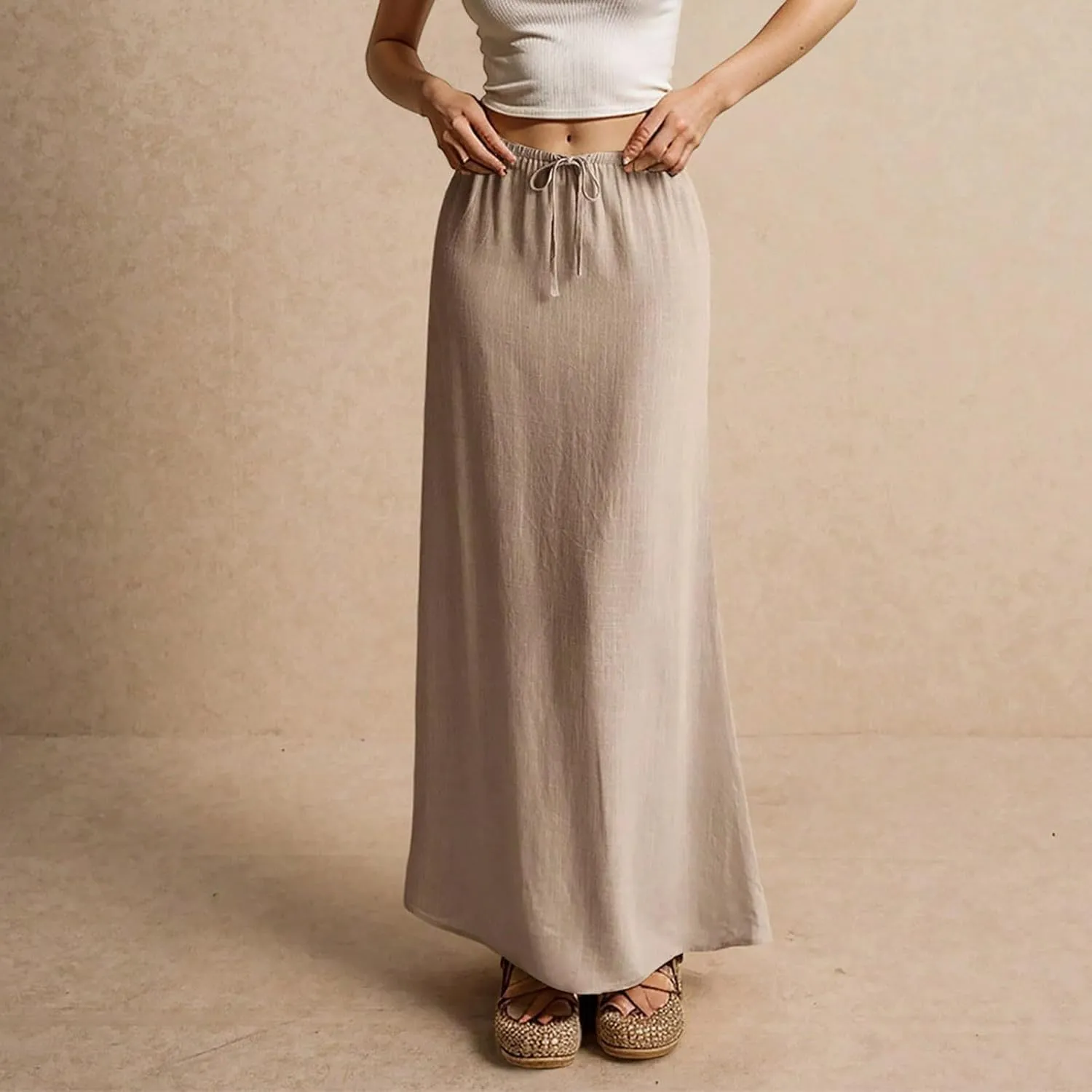 Womens Spring Skirt Cotton Linen Long Summer Casual Drawstring Low Waist Cotton Skirt Flowy Vacation Boho