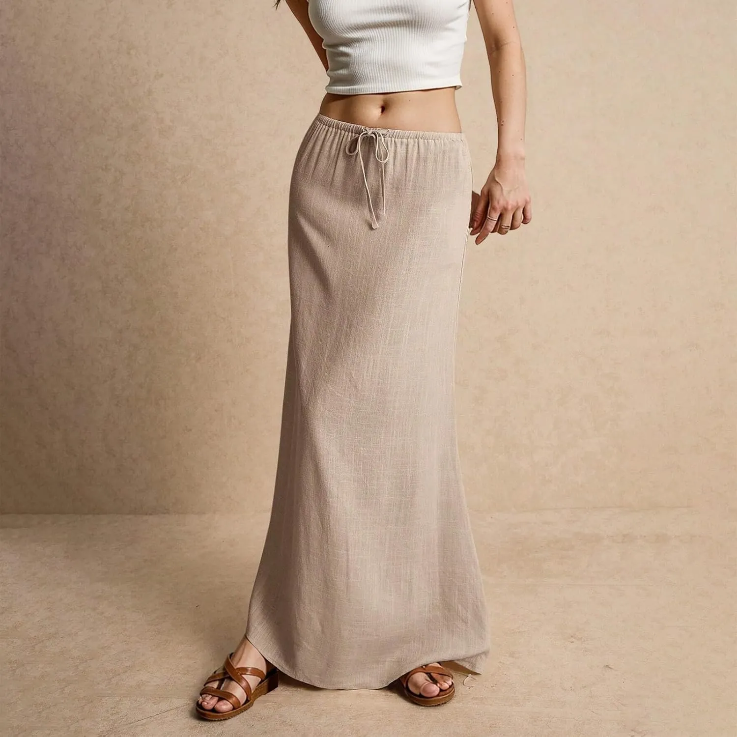 Womens Spring Skirt Cotton Linen Long Summer Casual Drawstring Low Waist Cotton Skirt Flowy Vacation Boho