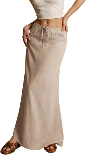 Womens Spring Skirt Cotton Linen Long Summer Casual Drawstring Low Waist Cotton Skirt Flowy Vacation Boho