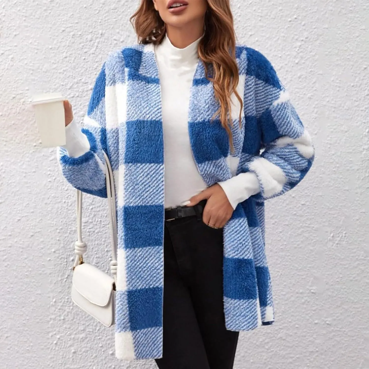 Women's Winter Fuzzy Fleece Fashion Jacket Plaid Sherpa Hooded Cardigan Outerwear Open Front Coat