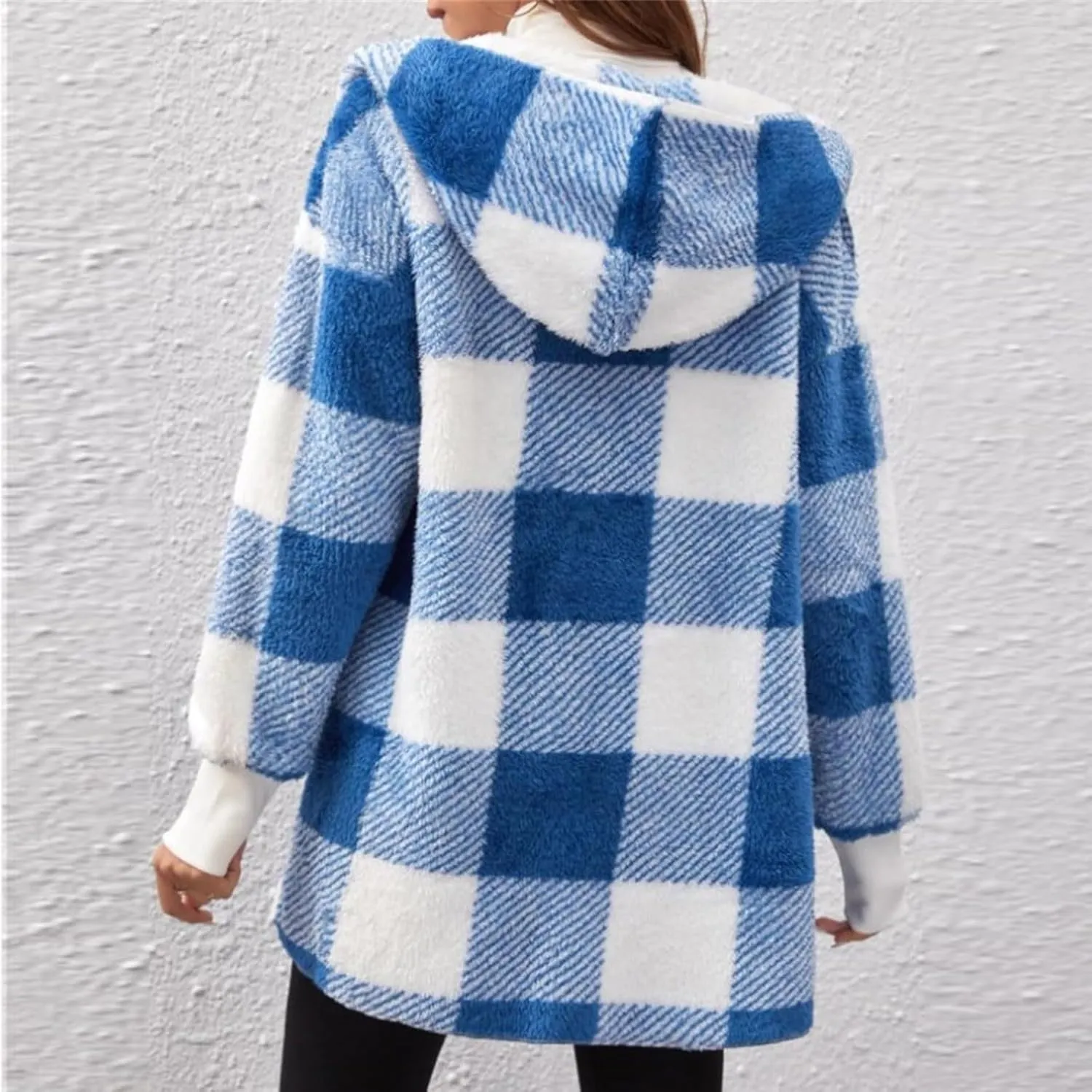 Women's Winter Fuzzy Fleece Fashion Jacket Plaid Sherpa Hooded Cardigan Outerwear Open Front Coat