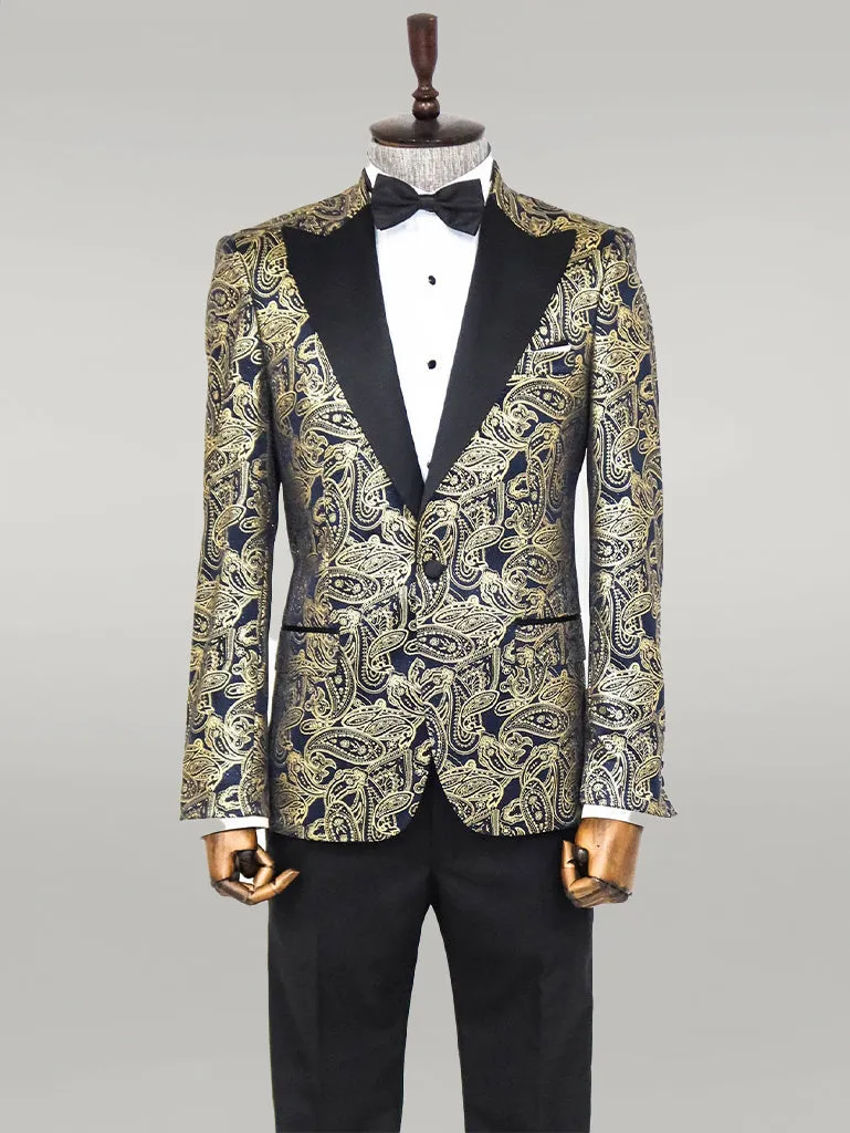 WSS Paisley Peak Lapel Navy Blue Men Prom Blazer  - Singen
