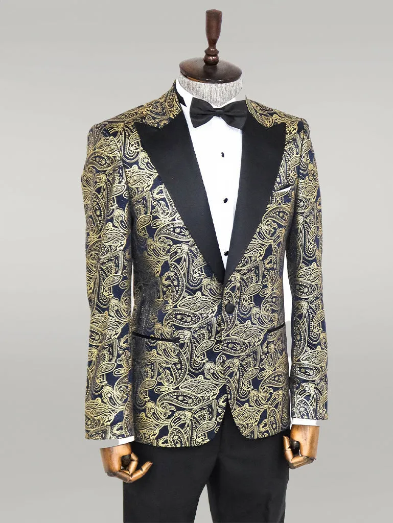 WSS Paisley Peak Lapel Navy Blue Men Prom Blazer  - Singen