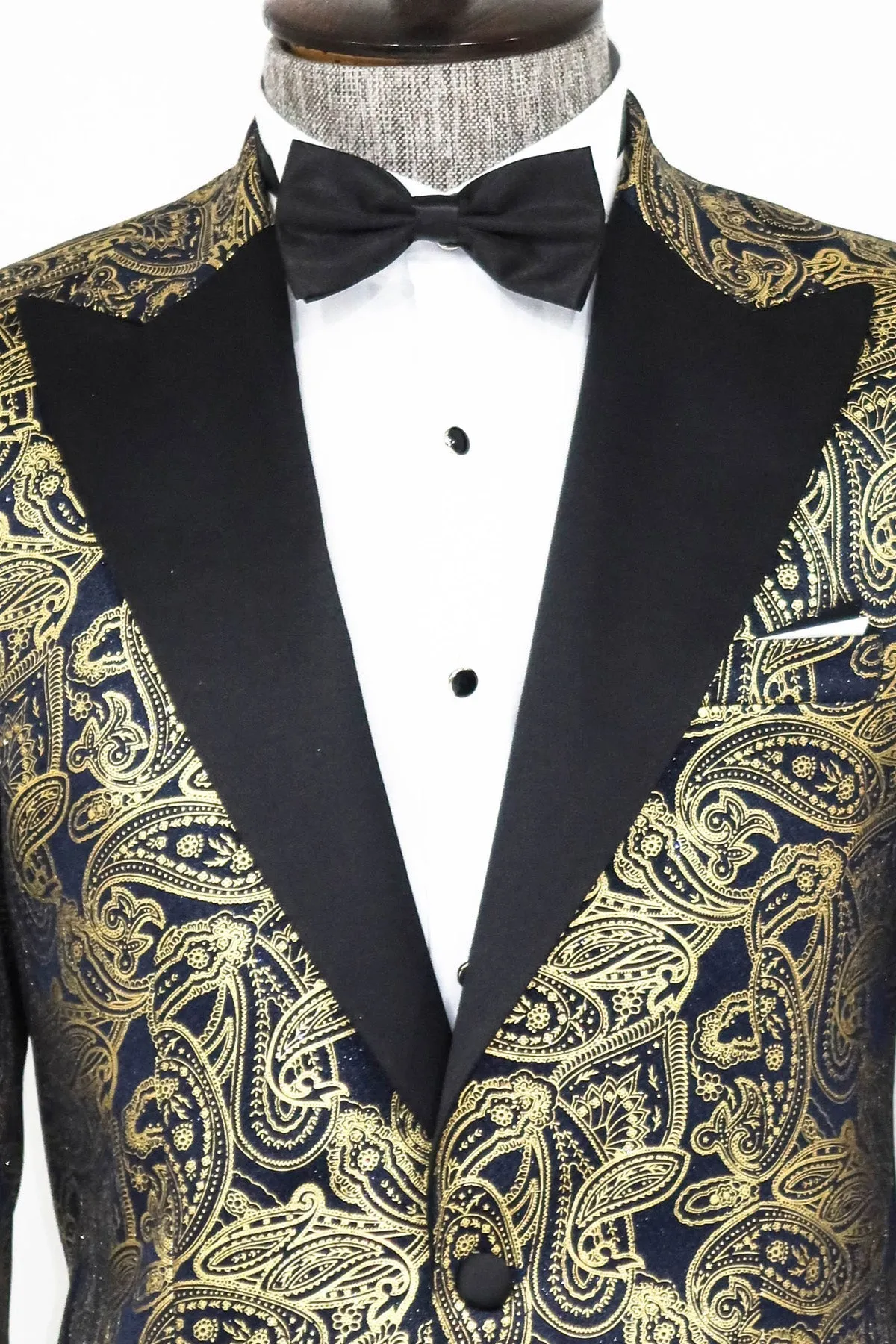 WSS Paisley Peak Lapel Navy Blue Men Prom Blazer  - Singen